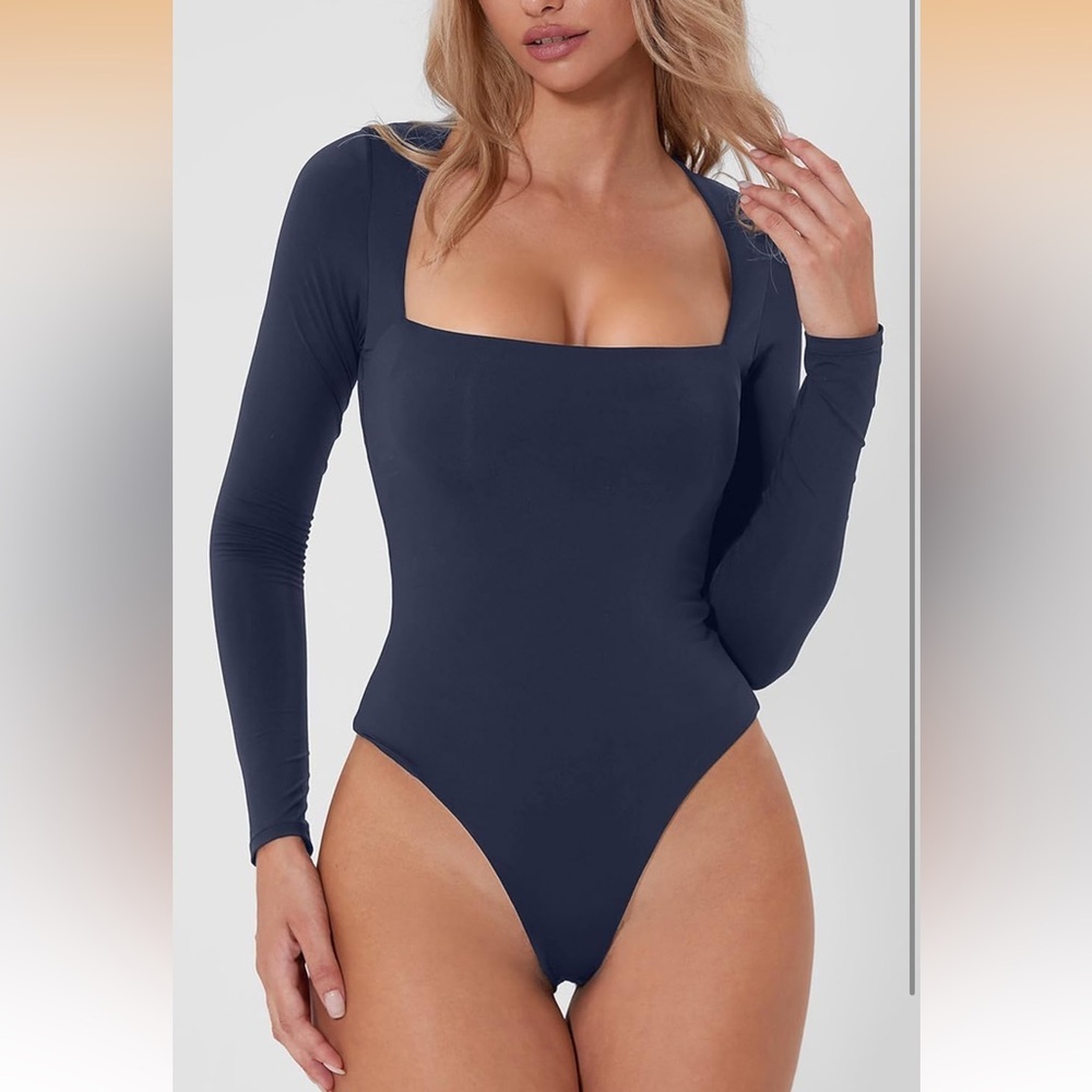 Womens Sexy Square Neck Bodysuit Long Sleeve Double Lined Shirt Tops NWT Size XS - Picture 4 of 6